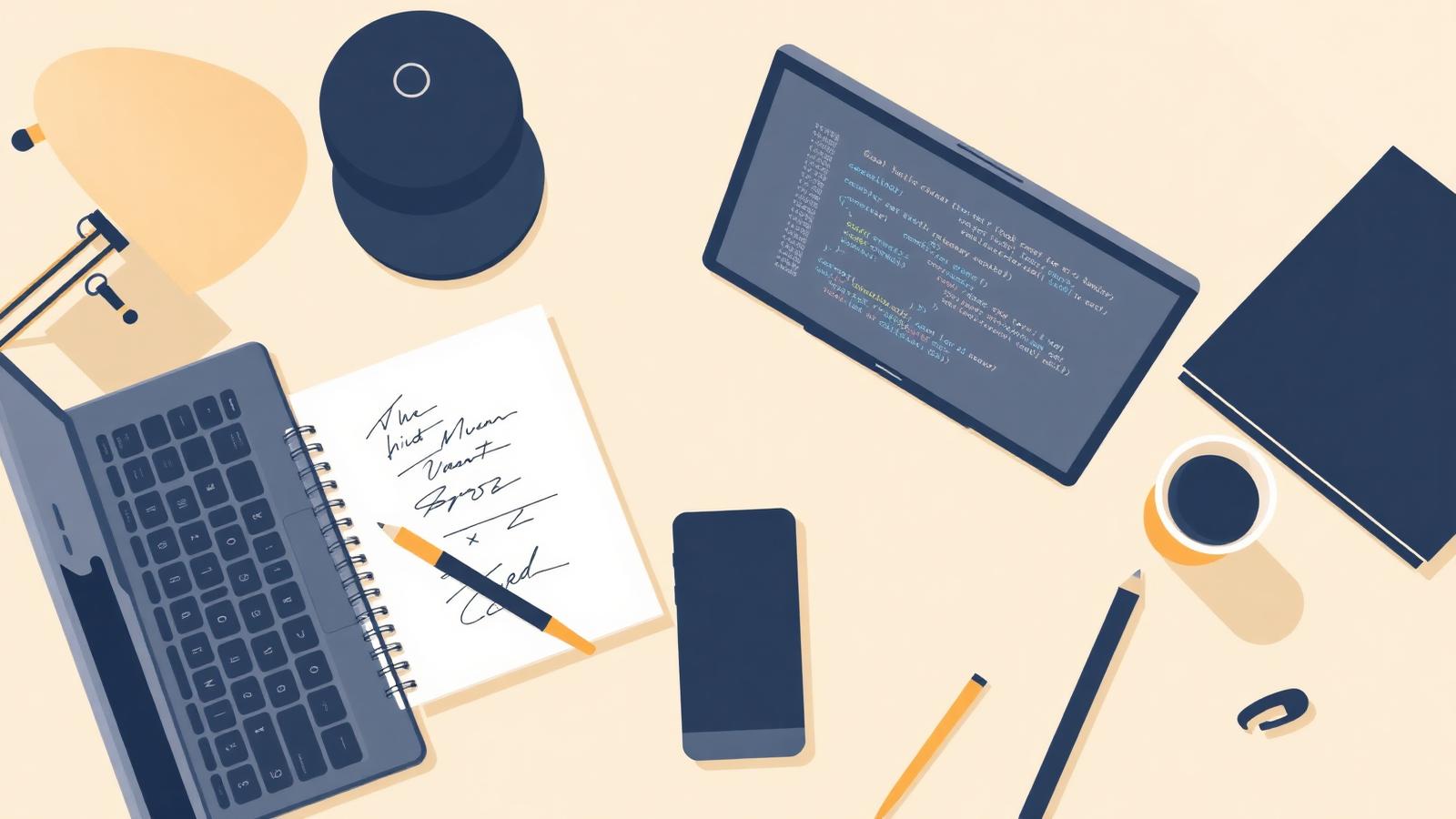 A freelancer's desk with laptop, sketchbook, code, and design tools — Itorzo Freelance Services
